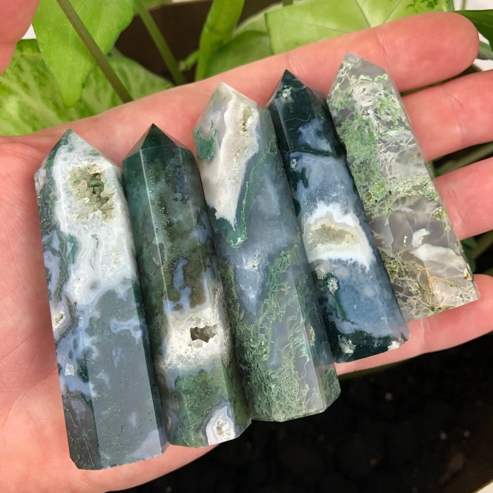 Green Moss Agate stone crystal healing tower pyramid point obelisk wand rock - Picture 11 of 15